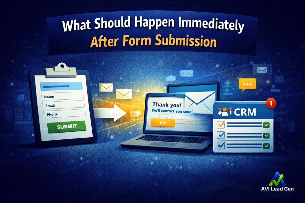 Illustration showing a clipboard form being submitted, triggering emails, a Thank you! message on a laptop, and a CRM notification, with the text What Should Happen Immediately After Form Submission.