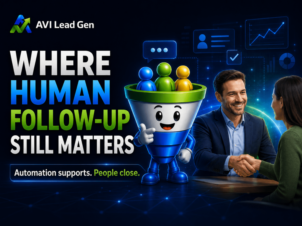 A smiling man and woman shake hands at a desk; next to them is a cartoon funnel with colorful figures inside. Text reads: Where Human Follow-Up Still Matters. Automation supports, but people close. Discover how to convert leads into customers with genuine connection and expert follow-up—because sometimes sales call conversion tips are best delivered face-to-face.