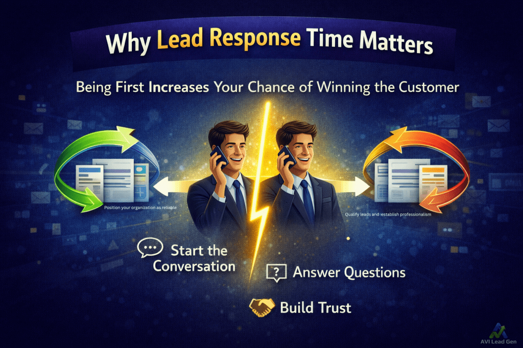 A split image showing two business professionals on phones, with arrows symbolizing communication. Text highlights why fast lead response matters: increasing chances of winning customers by starting conversations, answering questions, and building trust.