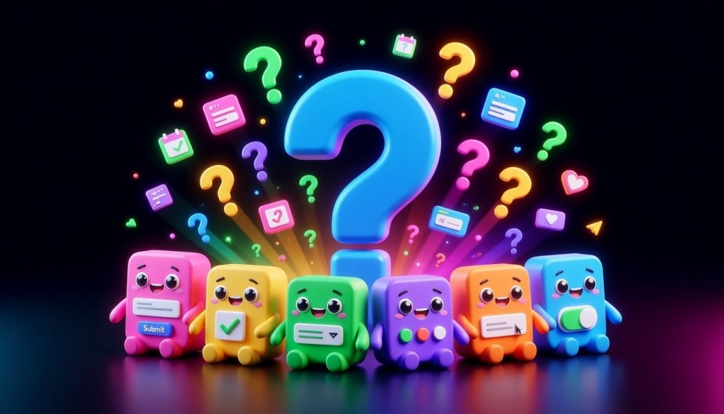 Colorful, cartoon-like blocks with facial expressions stand in a row, each featuring different icons and buttons. A large blue question mark and vibrant question marks and app icons burst in the background on a dark surface.