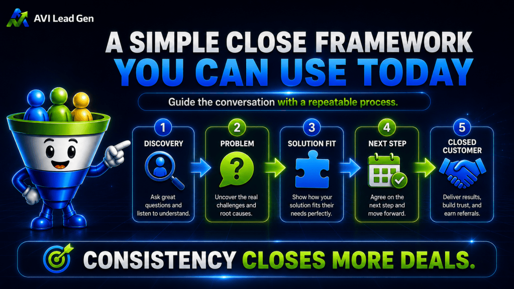 Infographic showing a five-step sales framework: Discovery, Problem, Solution Fit, Next Step, and Closed Customer. Includes icons, brief descriptions, and the phrase Consistency closes more deals. Perfect for anyone seeking how to increase your close rate or improve sales conversion rate through a structured approach.