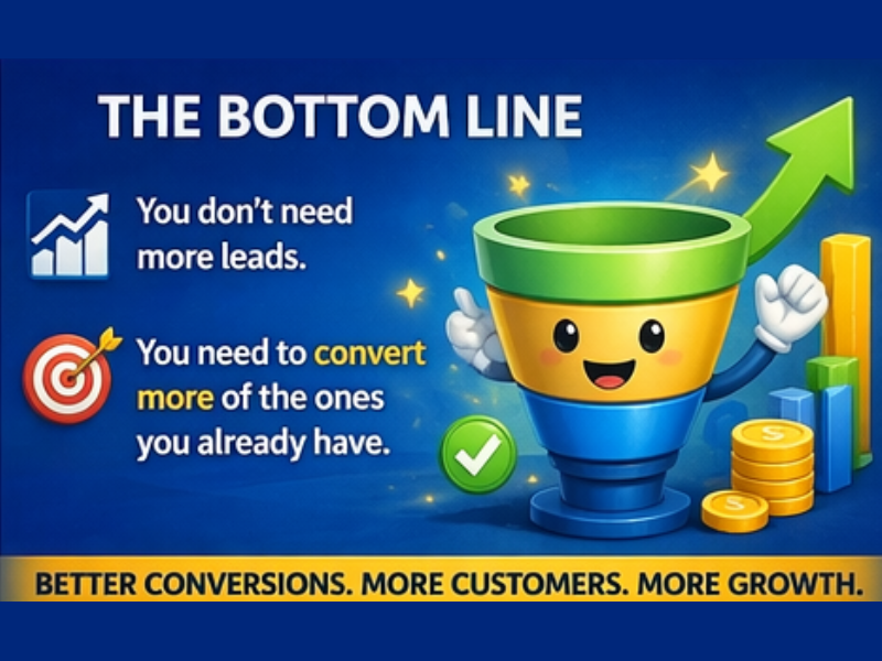 Colorful graphic with a smiling sales funnel, coins, and an upward arrow. Text reads: You don’t need more leads. You need to convert more of the ones you already have. Banner: Better conversions. More customers. More growth.