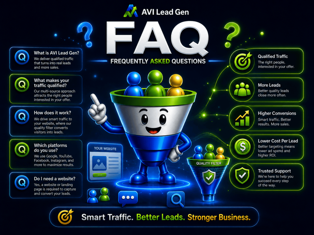 Cartoon funnel character presenting FAQ about AVI Lead Gen, with icons for qualified traffic, more leads, conversions, lower costs, and support. Blue and green color scheme with digital and marketing symbols highlights small business website traffic strategies to drive more qualified traffic to your website.