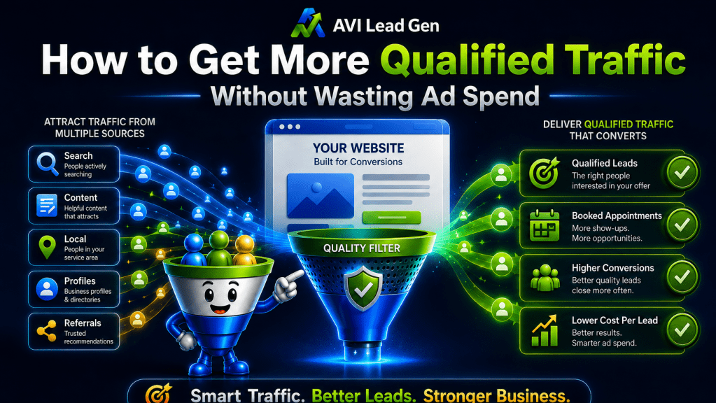 A graphic about getting more qualified website traffic to your website shows a robot, icons for traffic sources, and benefits like higher conversions and lower costs. Headline: How to Get More Qualified Traffic Without Wasting Ad Spend.
