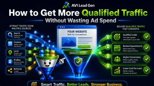 A graphic about getting more qualified website traffic to your website shows a robot, icons for traffic sources, and benefits like higher conversions and lower costs. Headline: How to Get More Qualified Traffic Without Wasting Ad Spend.