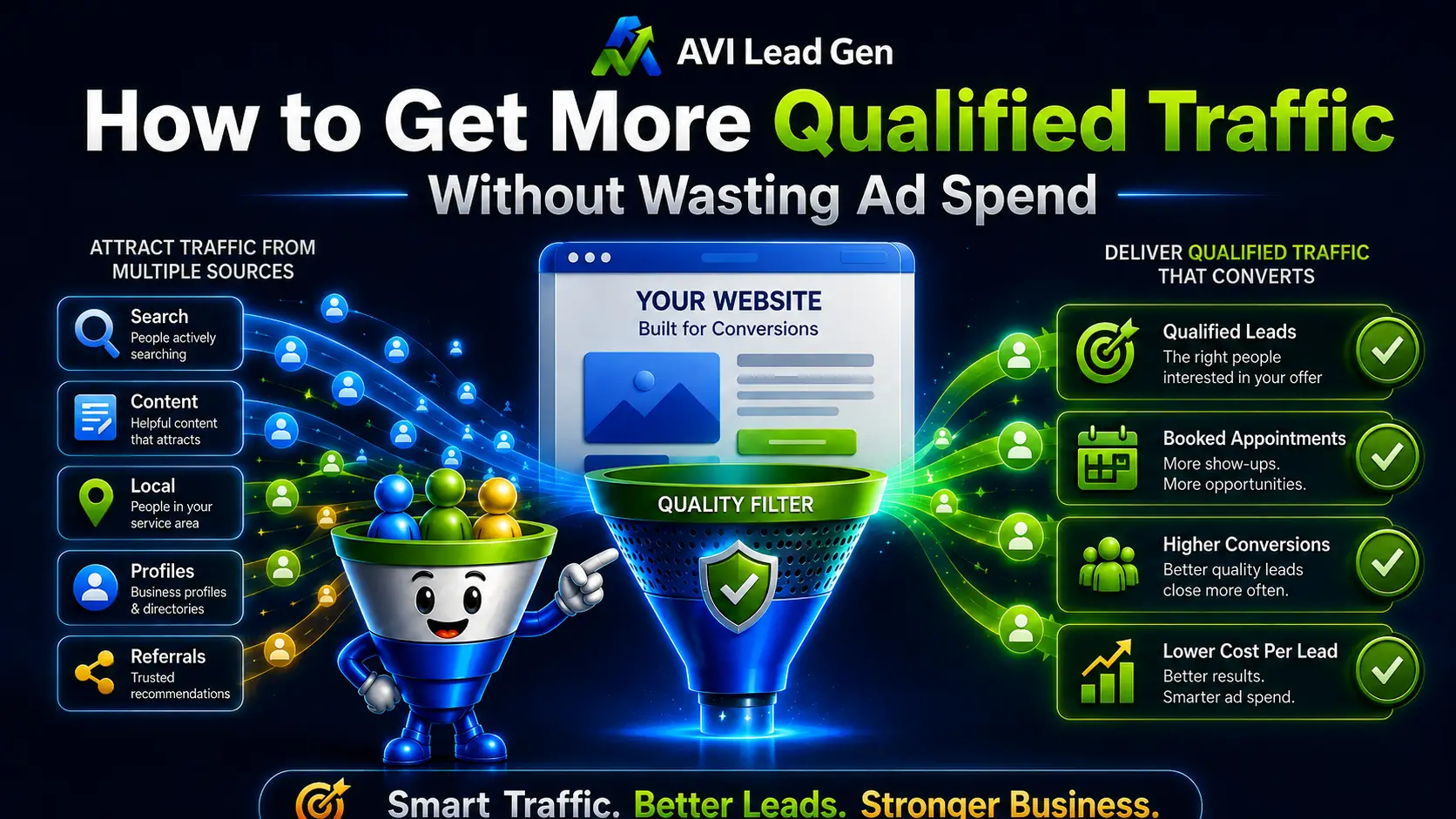 A graphic about getting more qualified website traffic to your website shows a robot, icons for traffic sources, and benefits like higher conversions and lower costs. Headline: How to Get More Qualified Traffic Without Wasting Ad Spend.