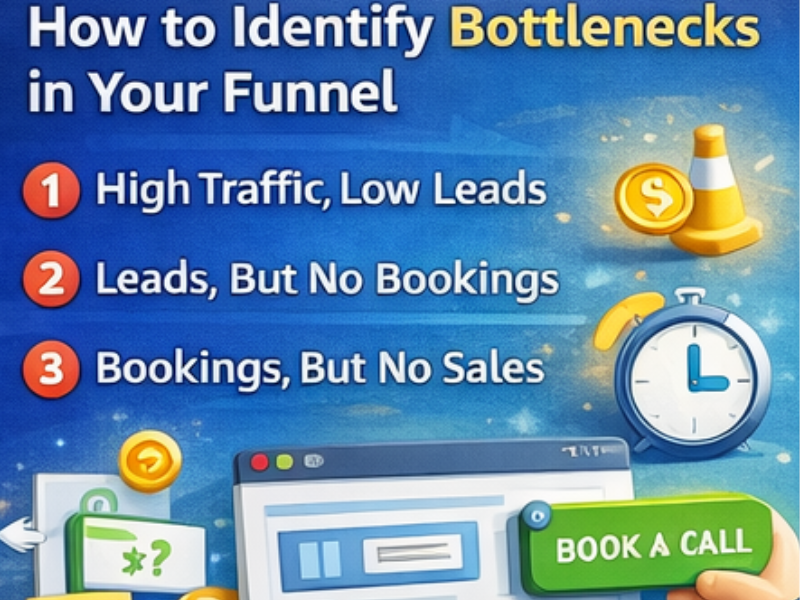 An infographic titled How to Identify Bottlenecks in Your Funnel lists: 1) High traffic, low leads, 2) Leads, but no bookings, and 3) Bookings, but no sales, with related icons.