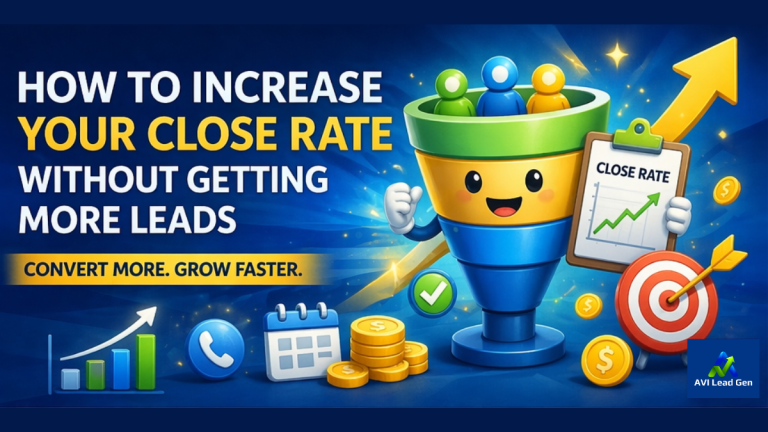 Colorful graphic with a smiling funnel, coins, a clipboard showing a rising close rate graph, and target icons. Text reads: “How to increase your close rate without getting more leads. Convert more. Grow faster.”.