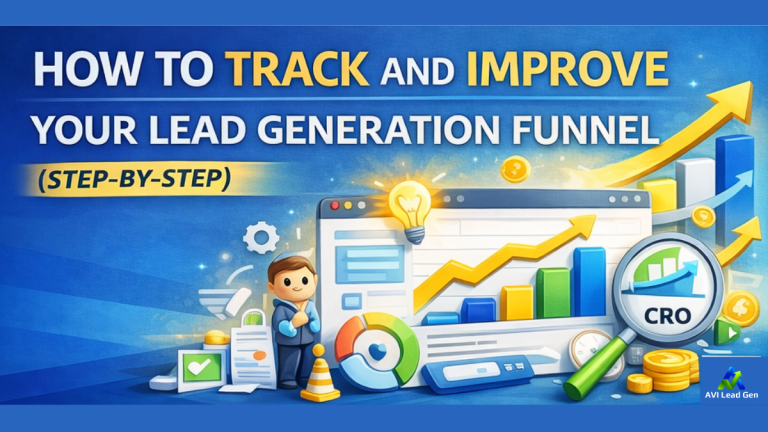 Illustration with charts, graphs, and icons showing data analysis and growth, with the text “How to Track and Improve Your Lead Generation Funnel (Step-by-Step).” Bright colors and business-themed graphics are used.
