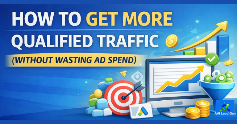 A digital graphic with text: How to Get More Qualified Traffic (Without Wasting Ad Spend). It features a rising graph on a laptop, a target, coins, and the Google Ads logo. The AVI Lead Gen logo appears in the bottom right.