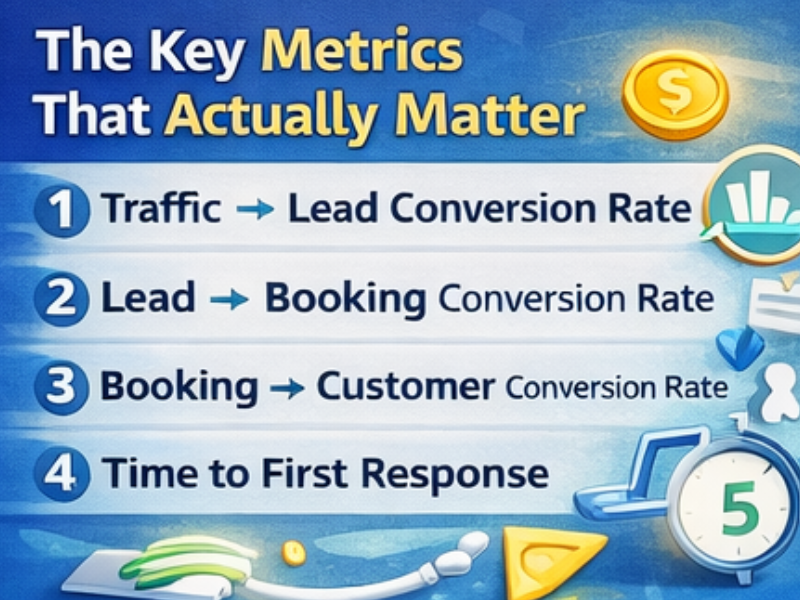 Infographic titled “The Key Metrics That Actually Matter,” The image supports four point to improve lead conversion rates. Listing: 1. Traffic to Lead Conversion Rate, 2. Lead to Booking Conversion Rate, 3. Booking to Customer Conversion Rate, 4. Time to First Response.