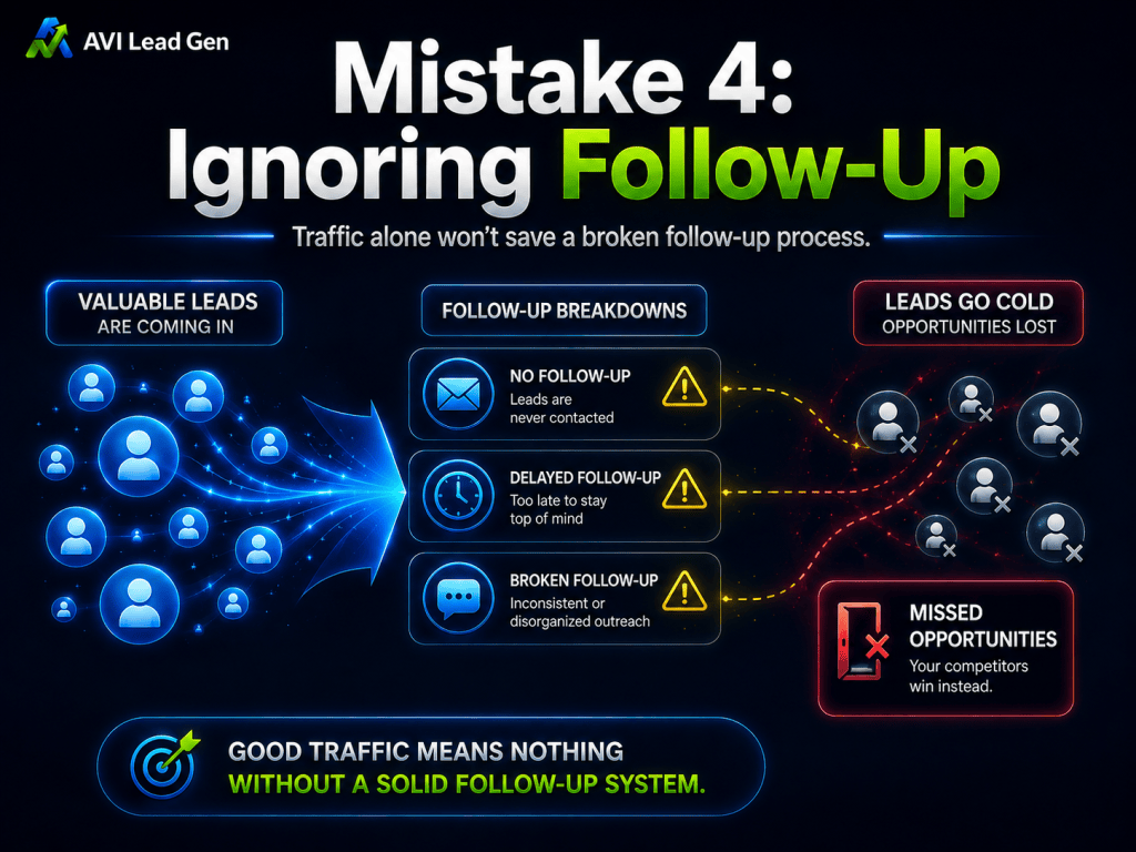 Infographic about Mistake 4: Ignoring Follow-Up. Shows how poor follow-up causes lost leads and missed opportunities, emphasizing the need for a solid follow-up system in marketing to drive more qualified traffic to your website.