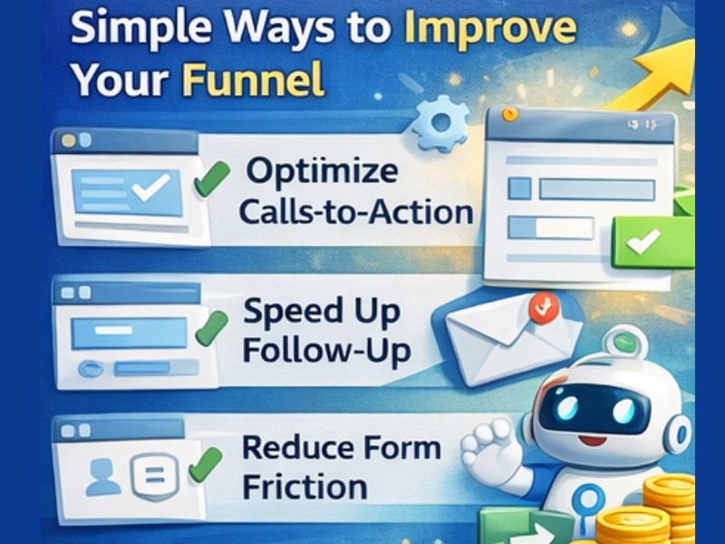 Infographic titled Simple Ways to Improve Your Funnel with three tips for lead funnel optimization: Optimize Calls-to-Action, Speed Up Follow-Up, and Reduce Form Friction. Includes icons, checkmarks, and a friendly robot illustration.