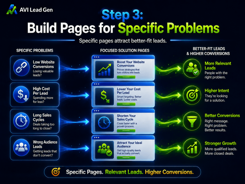 Infographic about building specific pages for specific problems, showing issues like low conversions, long sales cycles, and wrong audience—with focused solutions and benefits such as more relevant leads, higher intent, better conversations, and stronger growth. Incorporating targeted small business website traffic strategies helps attract more qualified traffic to your website, ensuring each page addresses a unique need for maximum impact.