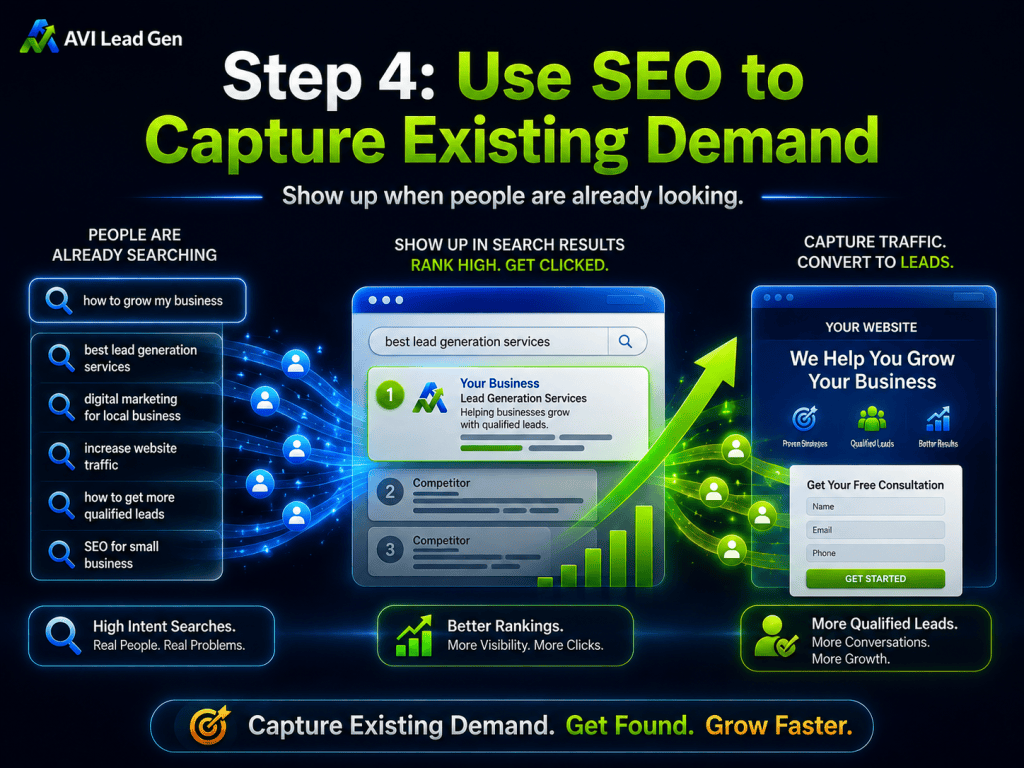 Step 4 SEO: Three panels show people searching, search results, and a business ad. Arrows connect search to results to the business, illustrating how SEO captures existing demand and converts qualified website traffic to leads.