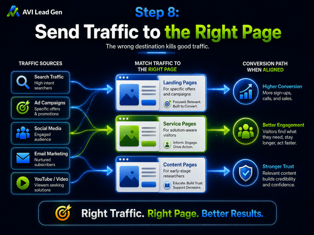 Infographic showing how to send website traffic from various sources to the right landing, service, or content pages, emphasizing better engagement, higher conversions, and trust for improved results. Discover small business website traffic strategies designed to drive more qualified traffic to your website for measurable growth.