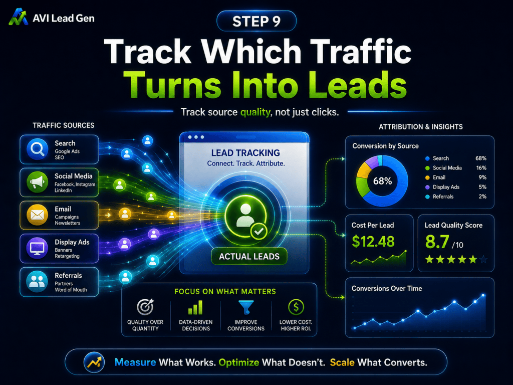 Infographic showing how to track which traffic turns into leads, featuring small business website traffic strategies, lead quality score, cost per lead, and strategies to measure, optimize, and scale for more qualified traffic to your website—ultimately achieving better lead conversions.