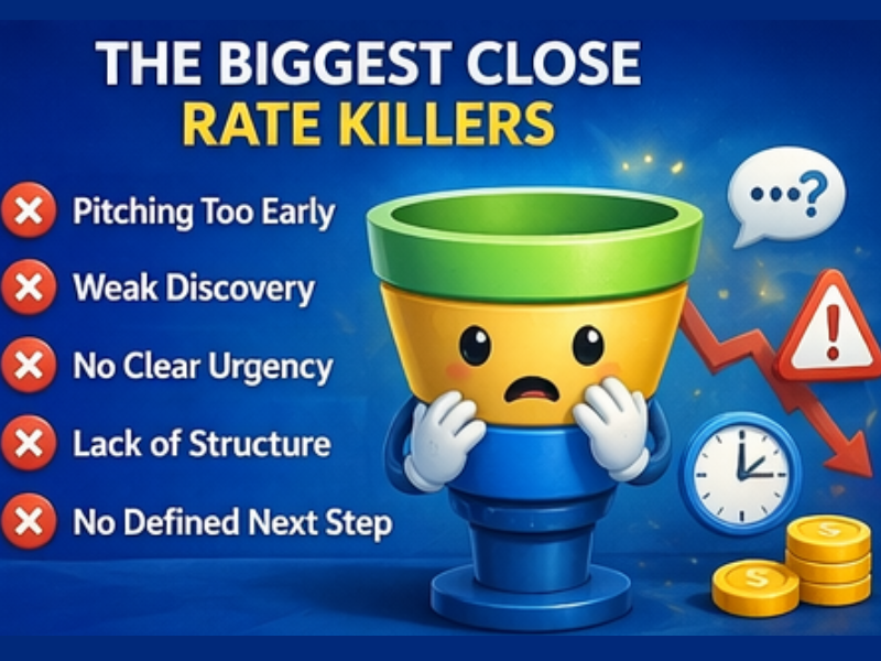 An illustration of a sad sales funnel showing the causes why sales calls don’t convert, listed as: Pitching too early, Weak discovery, no clear urgency, Lack of structure, and no defined next step. Chart and clock icons suggest missed sales goals.