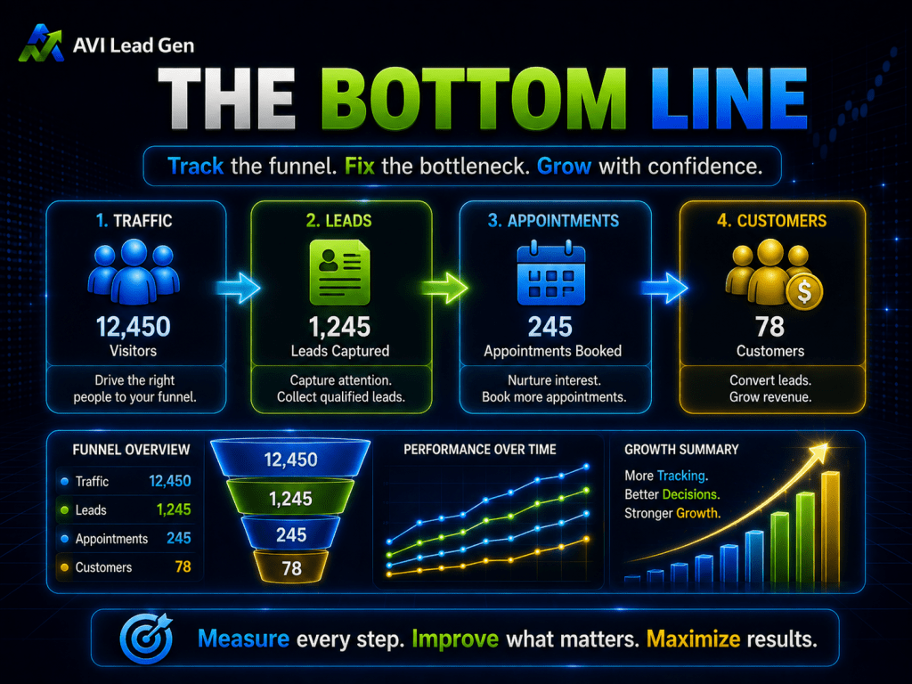 Infographic showing a sales funnel breakdown—12,450 visitors, 1,245 leads, 245 appointments, and 78 customers—with sections on overview, performance, and growth strategy. Featuring blue, green, and yellow accents with icons and charts, this graphic emphasizes lead funnel optimization to help you track and improve your lead generation funnel for better performance.