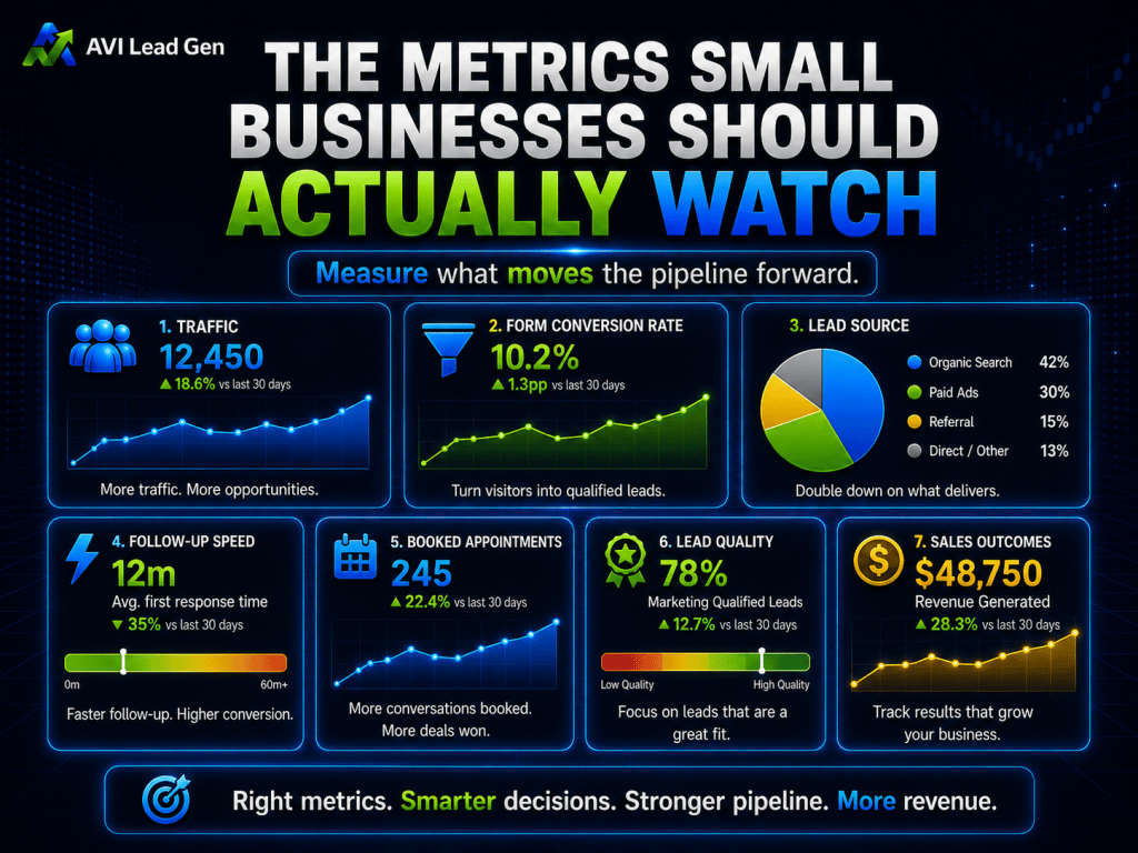 Infographic showing seven key metrics for small businesses: traffic, form conversion rate, lead source, follow-up speed, booked appointments, lead quality, and sales outcomes with relevant data and colorful charts—ideal for those looking to track and improve your lead generation funnel for more effective lead funnel optimization.
