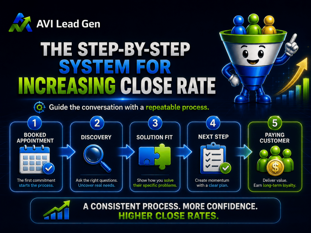 Infographic showing a 5-step system for increasing close rates: Booked Appointment, Discovery, Solution Fit, Next Step, Paying Customer. Emphasizes how to convert more leads into customers through a repeatable process that delivers consistently higher close rates.