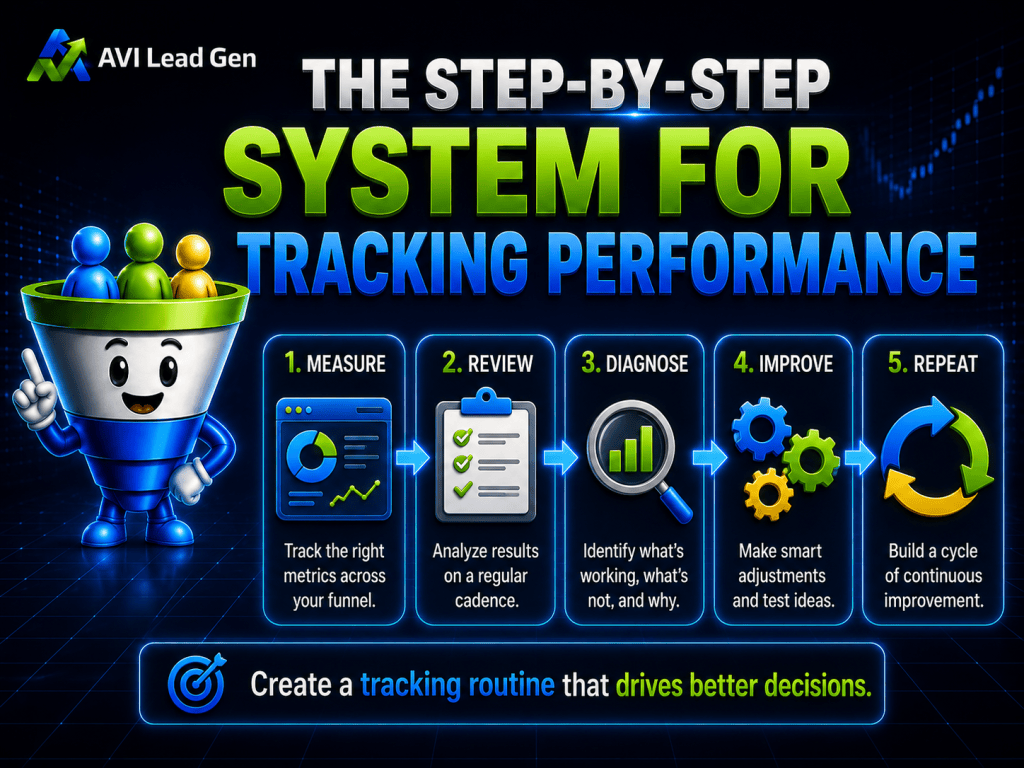 Infographic showing a 5-step Lead Generation System for tracking performance: Measure, Review, Diagnose, Improve, and Repeat. Includes icons and brief descriptions for each step, with a funnel character on the left. Text encourages better decision-making through tracking.