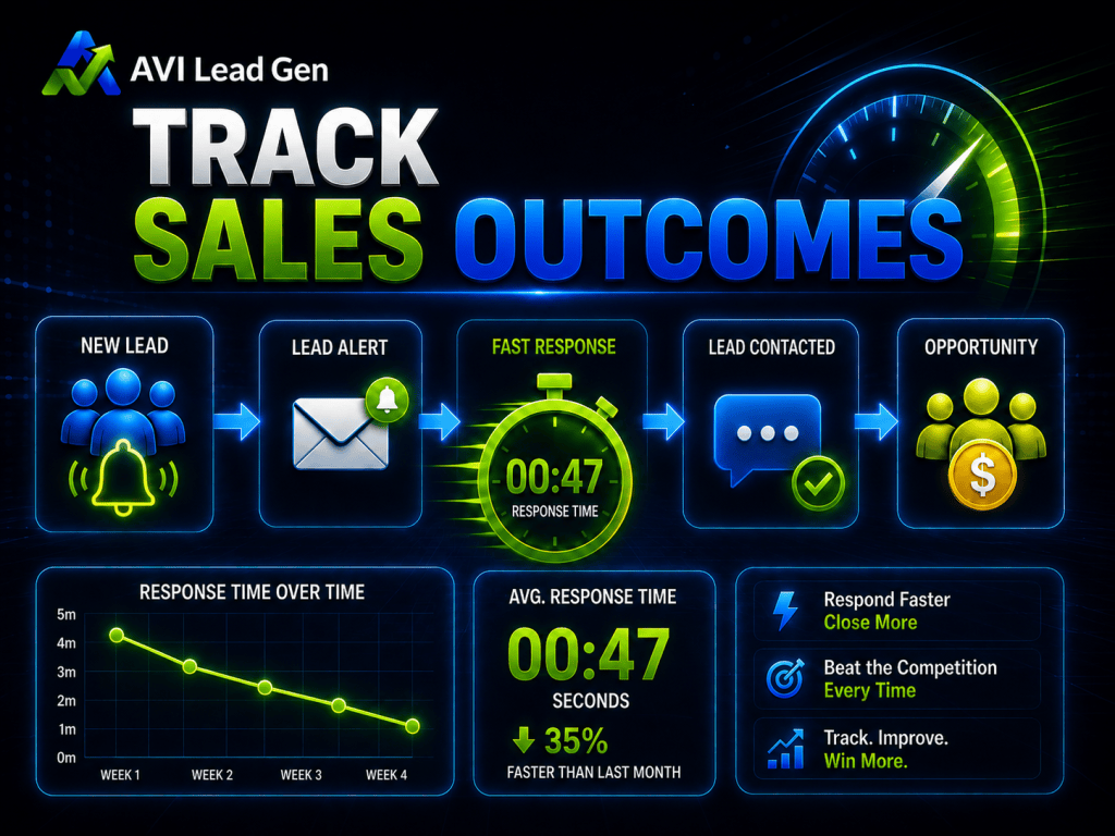 Infographic titled Track Sales Outcomes shows a sales process flow, a stopwatch at 47 seconds, a response time graph, 35% improvement, and callouts to respond faster, beat competition, and track and improve your lead generation funnel for better results.