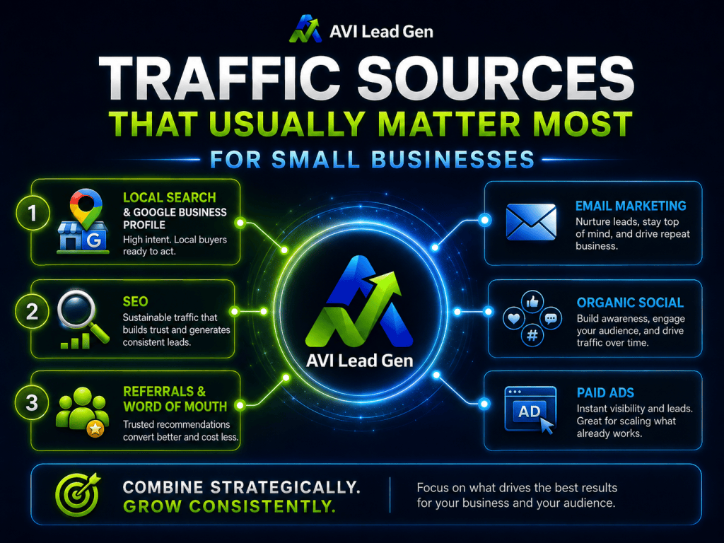Infographic titled Traffic Sources That Usually Matter Most for Small Businesses, listing Local Search, SEO, Referrals, Email Marketing, Organic Social, and Paid Ads—with icons and key points for each—offering effective small business website traffic strategies to help drive more qualified traffic to your website.
