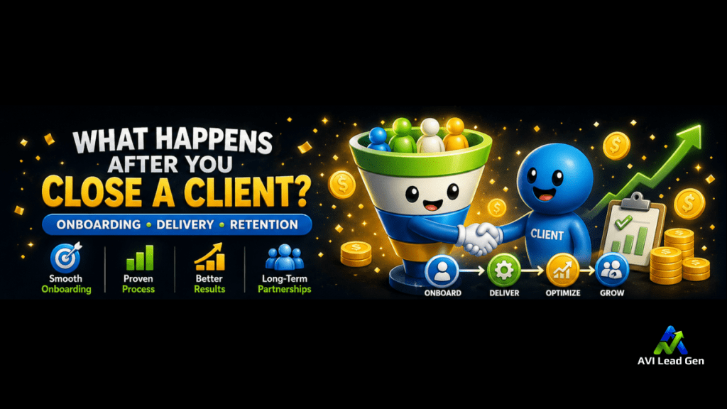 A colorful graphic with a funnel and character shaking hands, coins, and arrows, titled What happens after you close a client? Highlights onboarding, delivery, retention, and growth with icons for each business process.