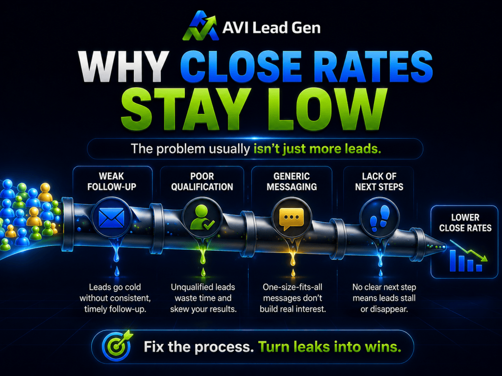 Infographic showing why close rates stay low: weak follow-up, poor qualification, generic messaging, and lack of next steps. It highlights how to increase your close rate by fixing the process and turning leaks into wins.