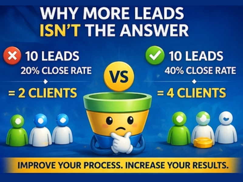 Infographic showing that 10 leads with a 20% close rate equals 2 clients, while 10 leads with a 40% close rate equals 4 clients. A simple method for how to increase your close rate before scaling. Text: “Improve your process. Increase your results.”.
