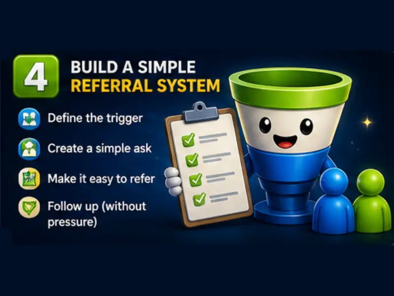 Step 4 graphic: Build a Simple Referral System with a cartoon funnel, clipboard, and icons. Four tips are listed: define the trigger, create a simple ask, make it easy to refer, and follow up without pressure.