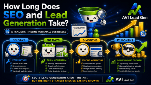 Infographic titled How Long Does SEO and Lead Generation Take? shows a 30-day to 12-month SEO timeline for small business, with cartoon mascots marking milestones for foundation, momentum, growth, and results—answering how long does lead generation take.