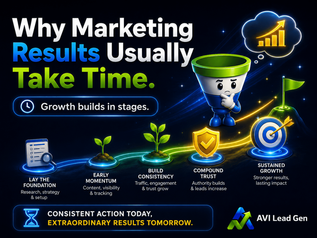 An infographic titled Why Marketing Results Usually Take Time illustrates a growth funnel and five stages, explaining how long SEO takes and why lead generation isn’t instant, using icons and colorful visuals.
