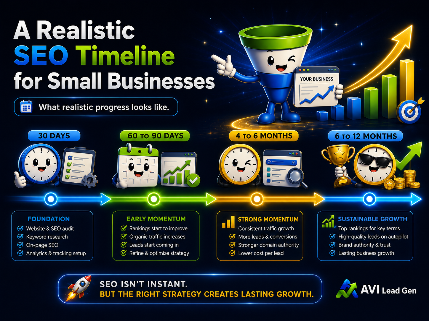 Infographic titled A Realistic SEO Timeline for Small Businesses answers "how long does SEO take" with a funnel and five SEO stages: Foundation, Early Momentum, Strong Momentum, Sustainable Growth—timelines, icons, and AVI Lead Gen branding included.