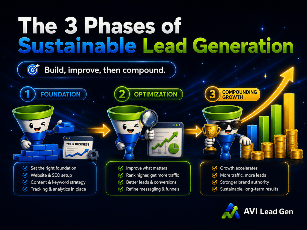 Infographic titled The 3 Phases of Sustainable Lead Generation illustrates funnels labeled Foundation, Optimization, and Compounding Growth—each with icons and bullet points. Includes insights like SEO timeline for small business; AVI Lead Gen logo is at the bottom.