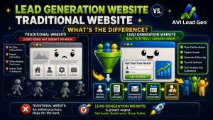 Infographic showing the difference between a traditional website and a lead generation website, highlighting features like call-to-action, visitor tracking, and customer conversion with colorful icons and text under each website illustration.