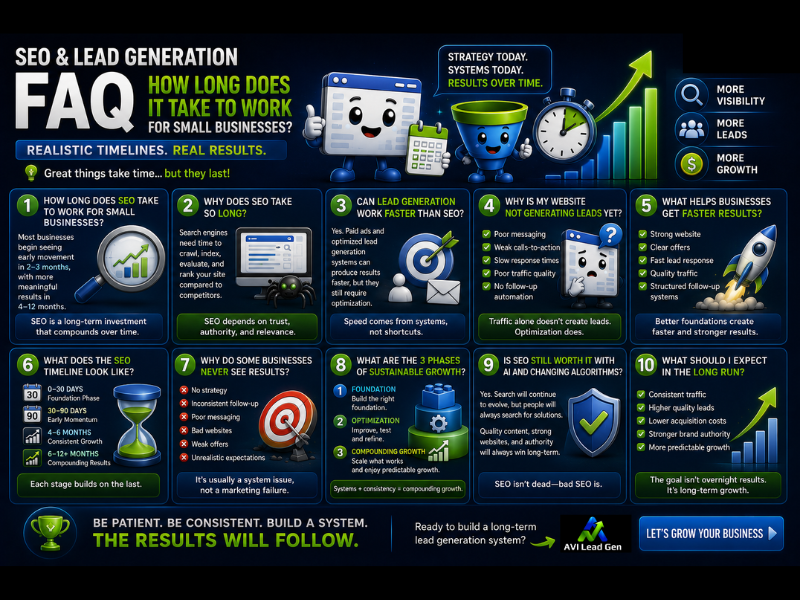 Infographic titled SEO & Lead Generation FAQ explains how long SEO takes to work, key factors, phases, results over time, and tips for small businesses using colorful graphics, icons, and timeline visuals.