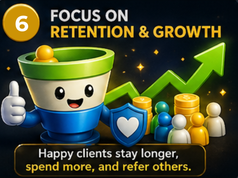 A smiling funnel cartoon character with a shield stands by coins, people icons, and an upward arrow. Text reads: Focus on client retention strategies & growth. Happy clients stay longer, spend more, and refer others. Number 6 is in a circle.