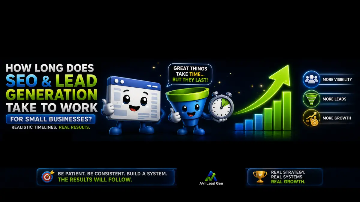 Banner image with animated graphics: a smiling browser window, a happy cup with a clock, and an upward green arrow with icons for visibility, leads, and growth. Text discusses SEO & lead generation timelines for small businesses.