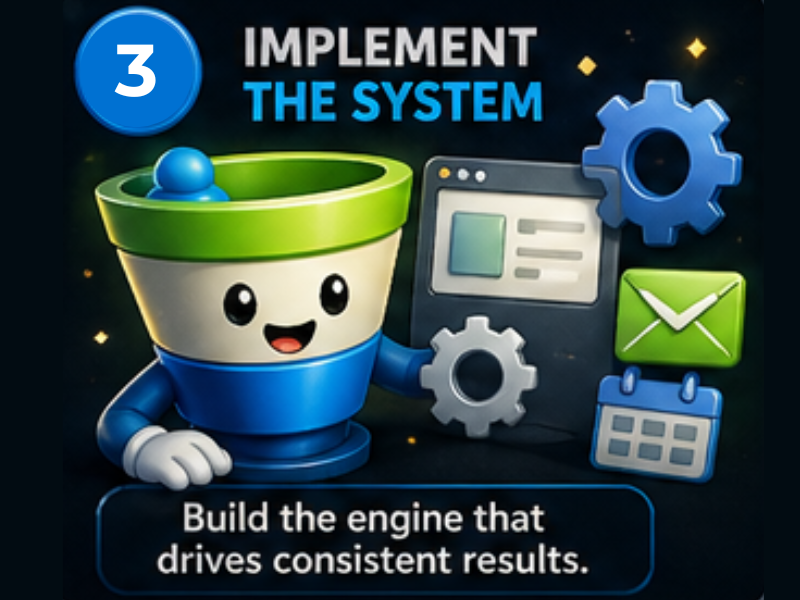 A cheerful cartoon funnel holds a gear next to a web page, gear, calendar, and envelope icons. Text reads: 3. IMPLEMENT THE SYSTEM. Build the engine for seamless client onboarding process and consistent results.