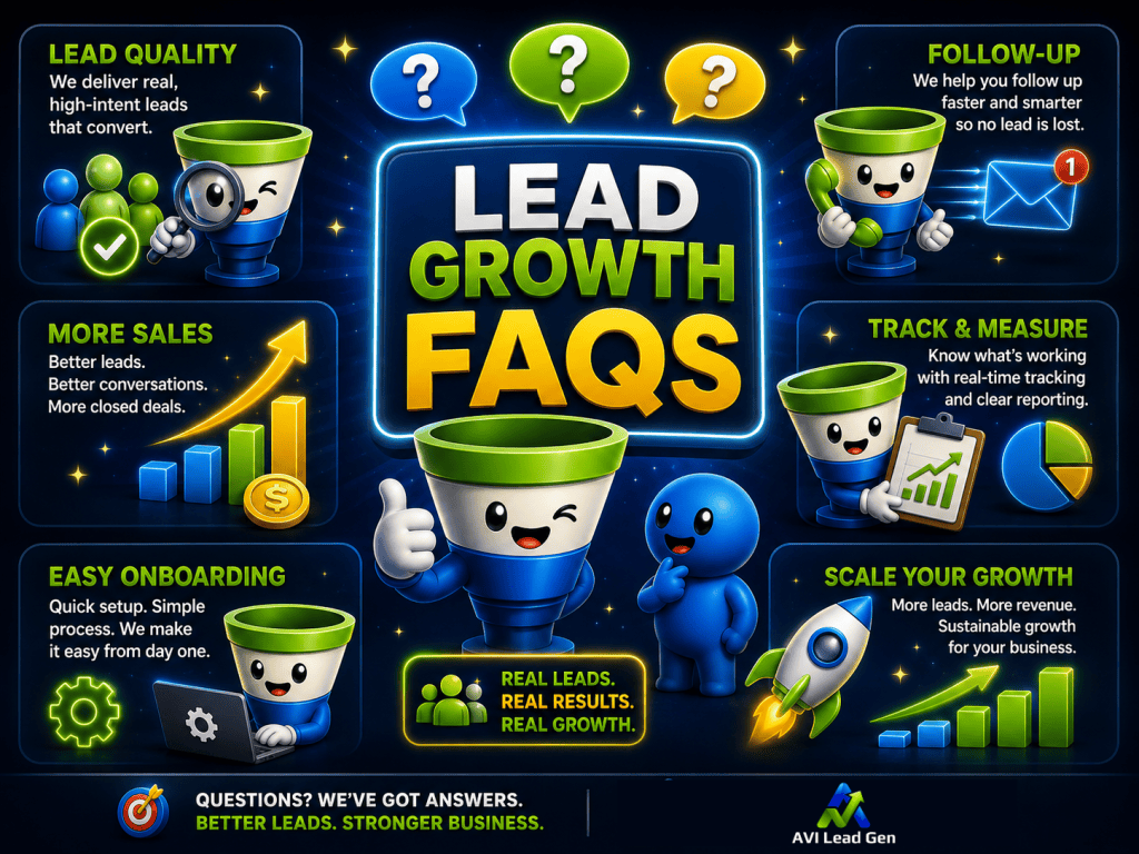 Colorful infographic titled Lead Growth FAQs with smiling funnels and blue figures. Features sections on lead quality, follow-up, more sales, tracking, onboarding, and scaling growth, using icons for graphs, clocks, and gears.