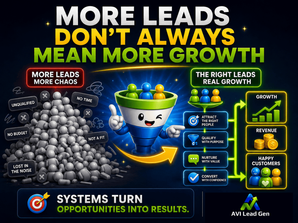 Infographic contrasting why businesses don’t grow “more leads” (depicted as a chaotic pile of gray balls) with “the right leads” (a colorful funnel generating growth, revenue, and happy customers). Headline: “More leads don’t always mean more growth.”.