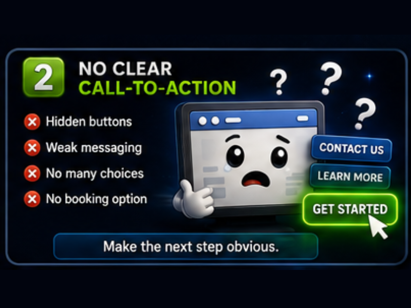 A graphic shows a confused cartoon web page with question marks, listing issues: hidden buttons, weak messaging, too many choices, and no booking option. A green Get Started button is highlighted as the clear call-to-action.