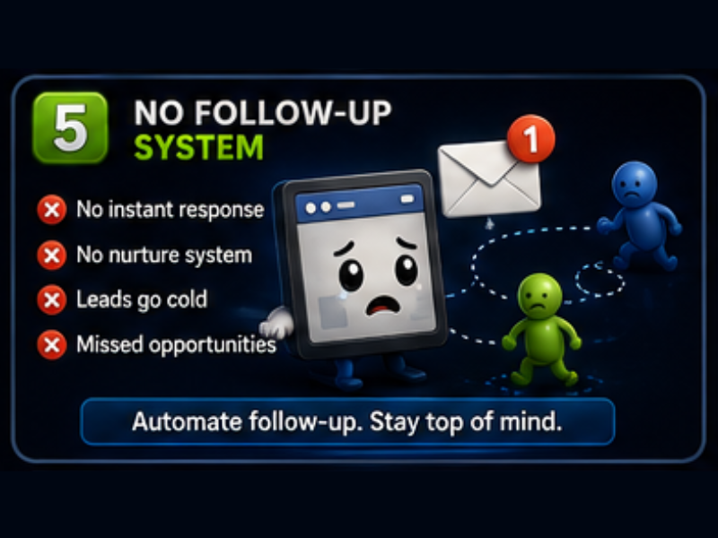 A graphic shows a sad tablet with an envelope notification, two human figures, and a list of cons: no instant response, no nurture system, leads go cold, missed opportunities. Text reads, “Automate follow-up. Stay top of mind.”.