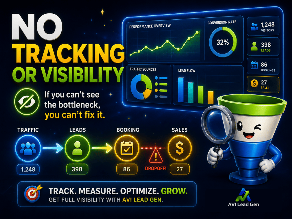 Colorful digital graphic with charts and icons showing how tracking leads to sales. Text says, “No tracking or visibility—if you can’t see the bottleneck, you can’t fix it.” Promotes AVI Lead Gen for business growth.