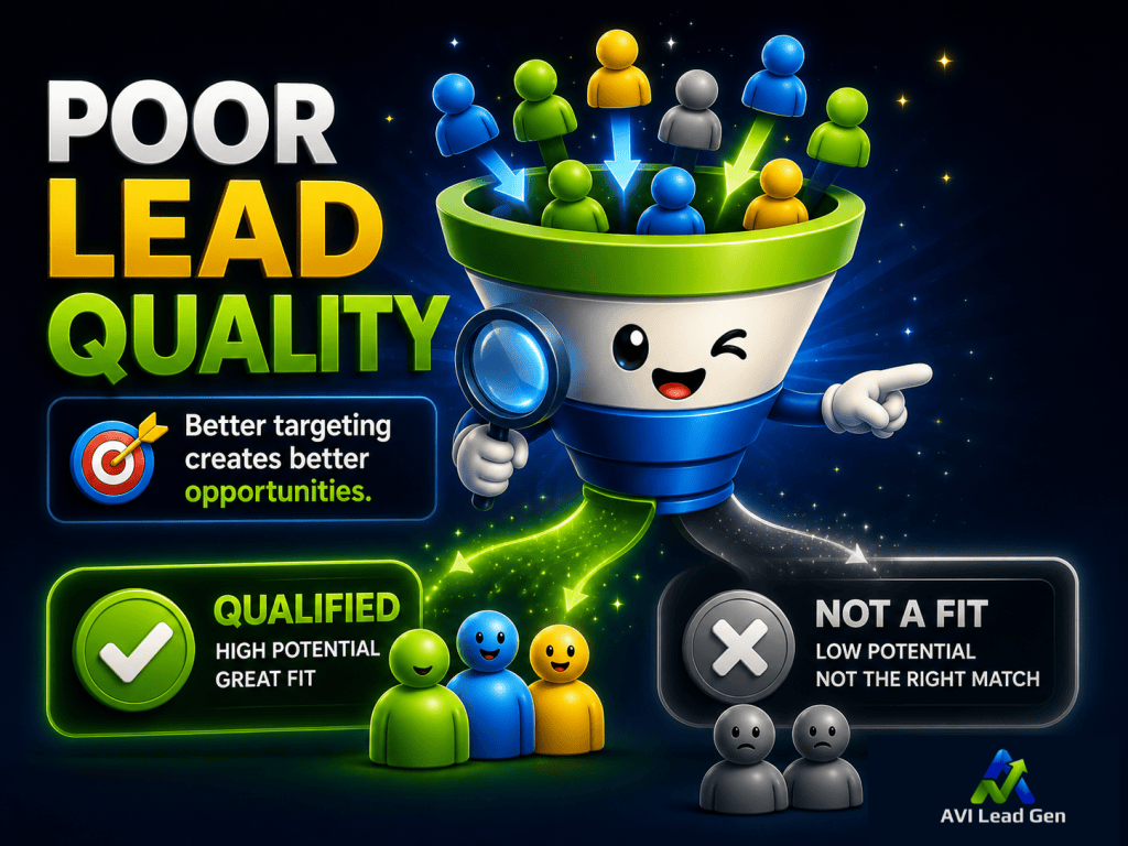A cheerful cartoon funnel depicts the first of the business growth bottlenecks, sorting colorful people figures into Qualified (high potential) and Not a Fit (low potential) groups, with text stressing the value of better targeting for better opportunities. AVI Lead Gen logo at bottom right.
