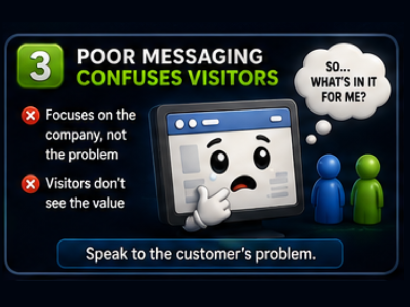 A graphic titled Poor Messaging Confuses Visitors shows a confused computer screen cartoon asking, So... whats in it for me? and highlights that messaging should focus on the customers problem.