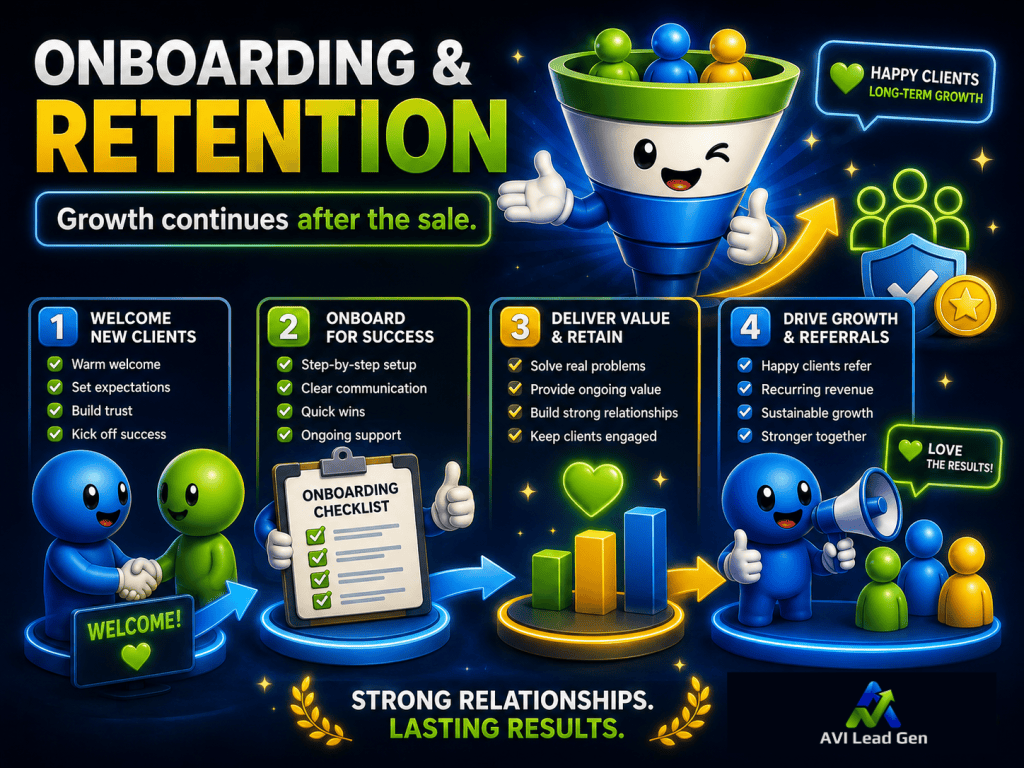 Colorful infographic titled “Onboarding & Retention” visualizes a four-step process: welcome new clients, onboard for success, deliver value, and drive growth, with cartoon figures and checklists symbolizing each step.