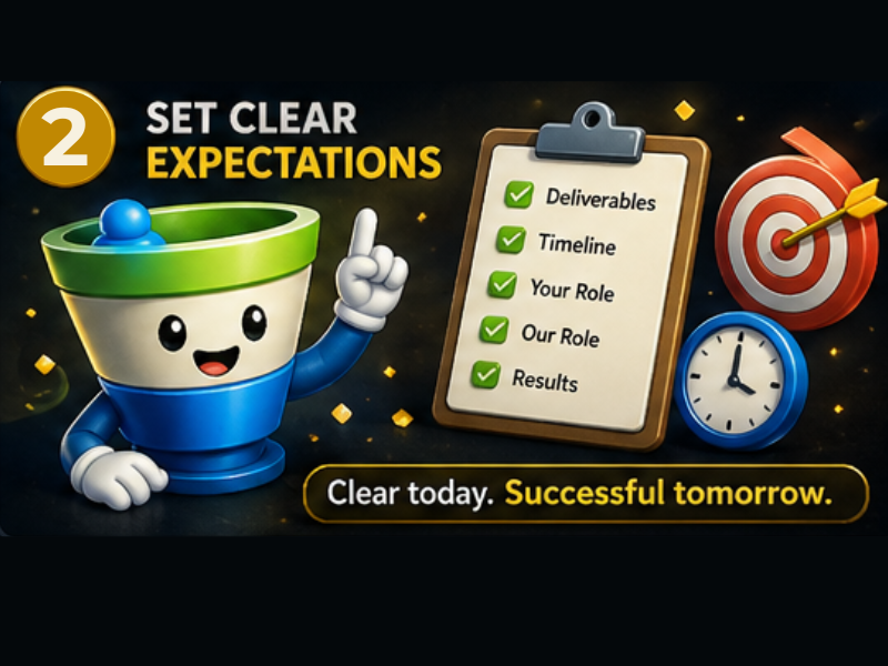 A cartoon funnel character points upward beside a clipboard with a checklist, clock, and target. Text reads: Set clear expectations—client onboarding process today. Successful tomorrow.